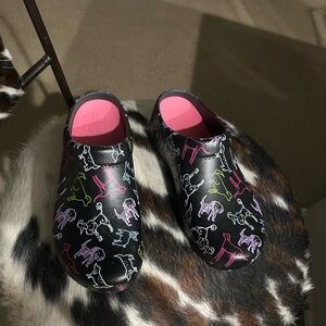 Dansko Black Clogs with Vibrant Animal Design